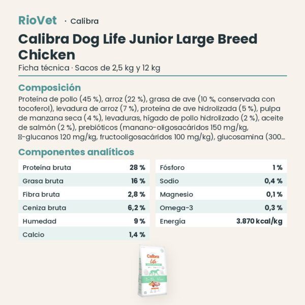 Ficha técnica de Calibra Dog Life Junior Large Breed Pollo Pienso para Cachorros de Raza Grande: composición y componentes analíticos