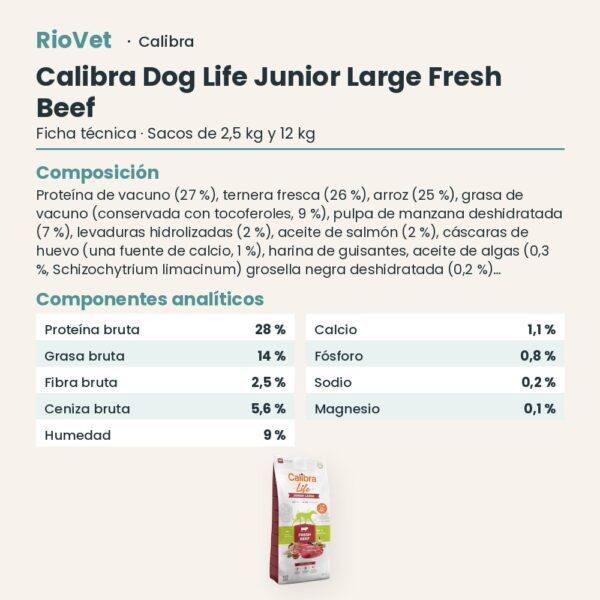Ficha técnica de Calibra Dog Life Junior Large Ternera Fresca Pienso para Cachorros de Raza Grande: composición y componentes analíticos