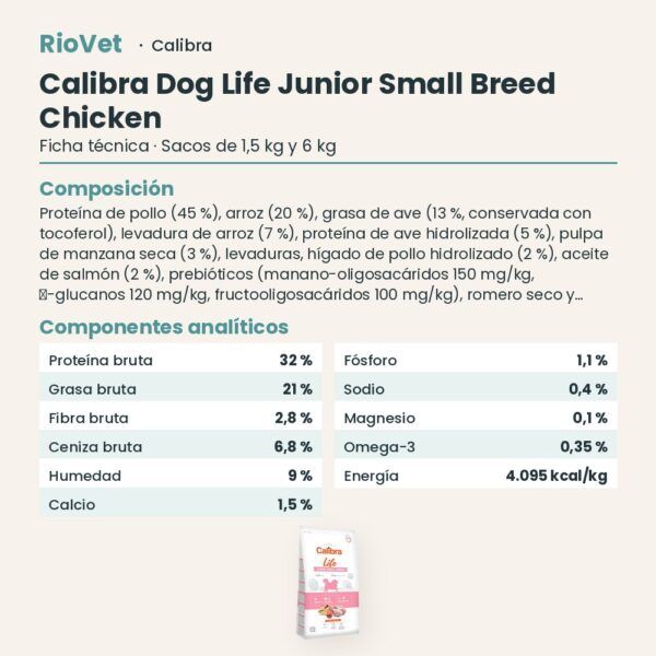 Ficha técnica de Calibra Dog Life Junior Small Breed Pollo Pienso para Cachorros de Raza Pequeña: composición y componentes analíticos