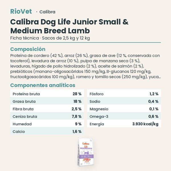 Ficha técnica de Calibra Dog Life Junior Small & Medium Breed Cordero Pienso para Cachorros: composición y componentes analíticos