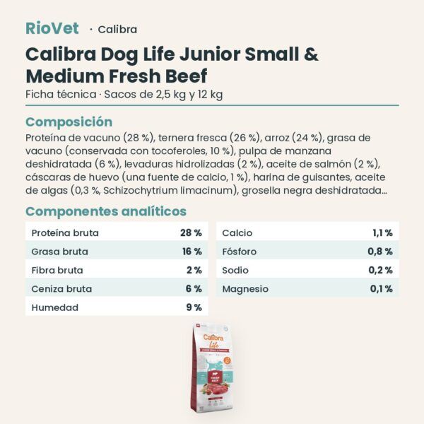 Ficha técnica de Calibra Dog Life Junior Small & Medium Ternera Fresca Pienso para Cachorros: composición y componentes analíticos