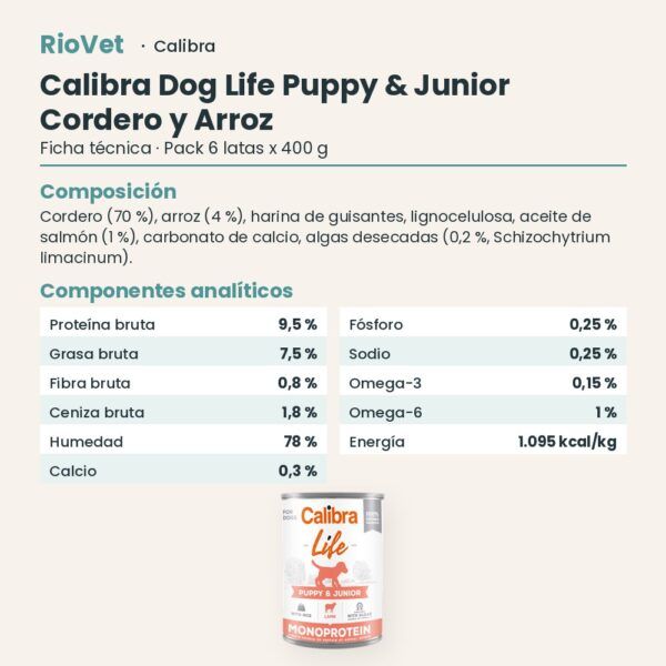Ficha técnica de Calibra Dog Life Puppy & Junior Cordero y Arroz para Cachorros en Lata Pack 6x400 g: composición y componentes analíticos