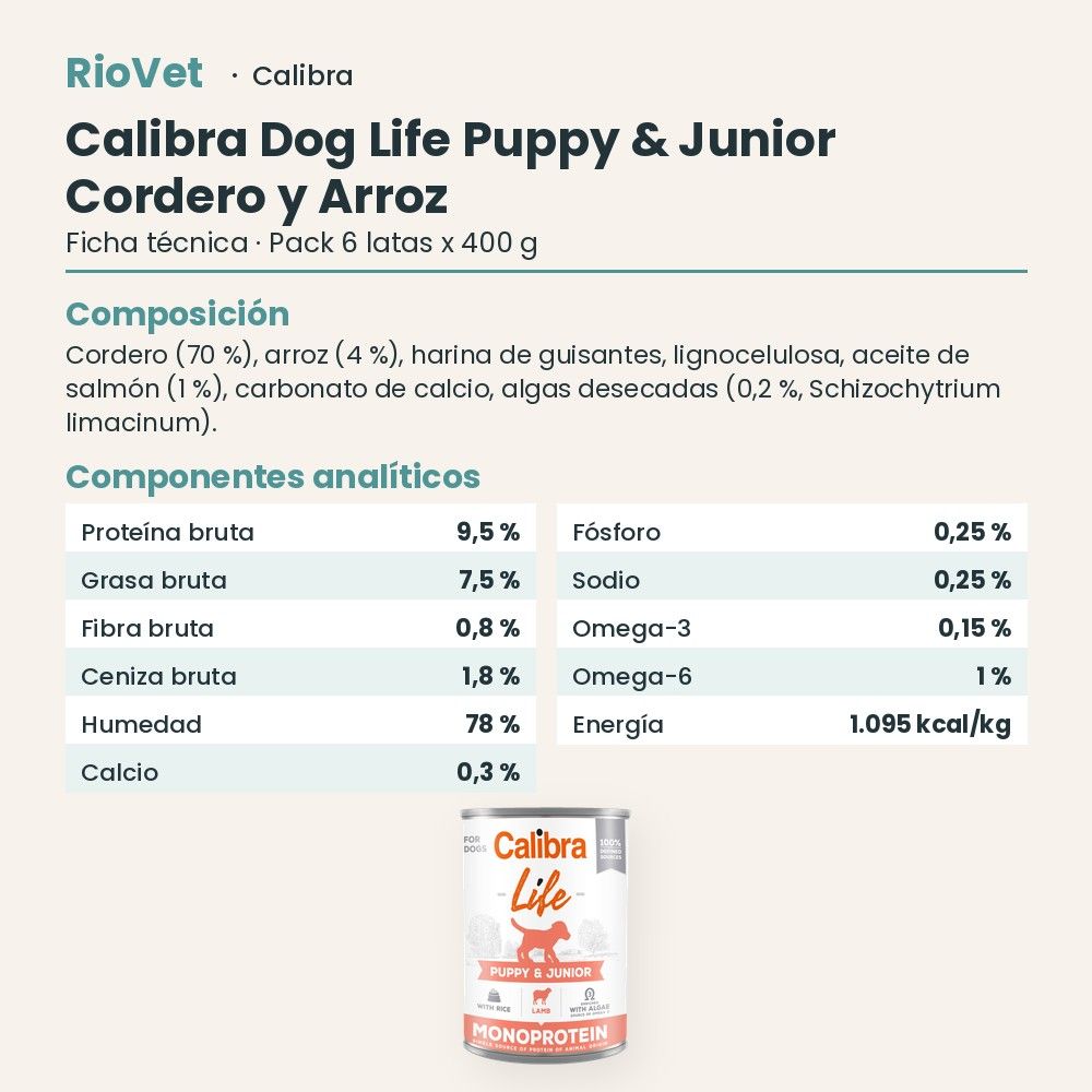 Ficha técnica de Calibra Dog Life Puppy & Junior Cordero y Arroz para Cachorros en Lata Pack 6x400 g: composición y componentes analíticos