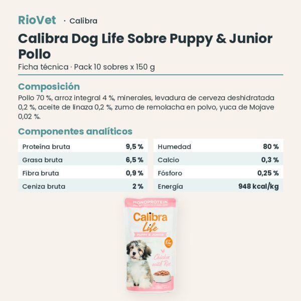 Ficha técnica de Calibra Dog Life Puppy & Junior Pollo Comida Húmeda para Cachorros en Sobre Pack 10x150 g: composición y componentes analíticos