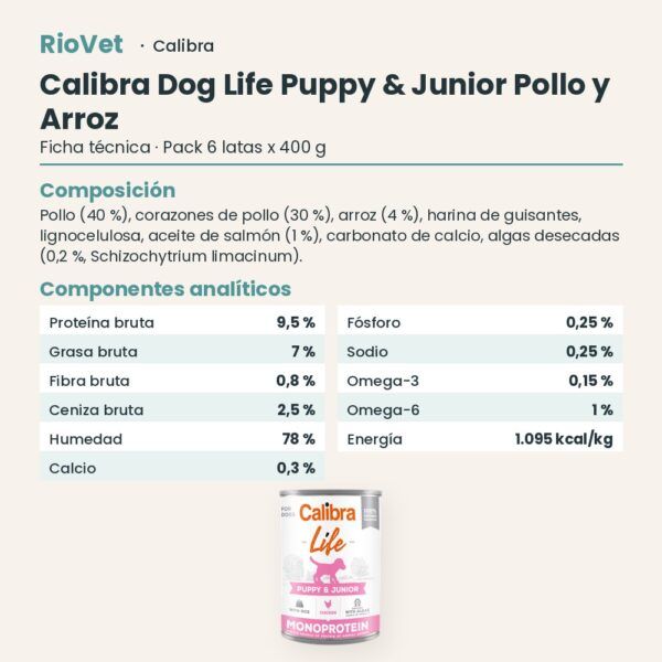 Ficha técnica de Calibra Dog Life Puppy & Junior Pollo y Arroz para Cachorros en Lata Pack 6x400 g: composición y componentes analíticos