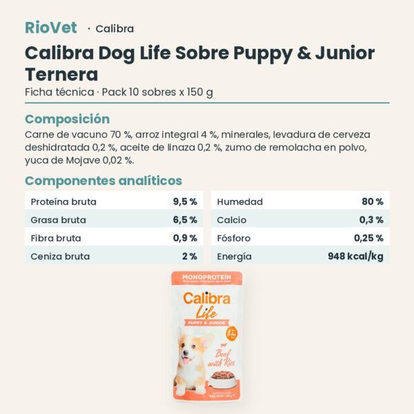 Ficha técnica de Calibra Dog Life Puppy & Junior Ternera Comida Húmeda para Cachorros en Sobre Pack 10x150 g: composición y componentes analíticos