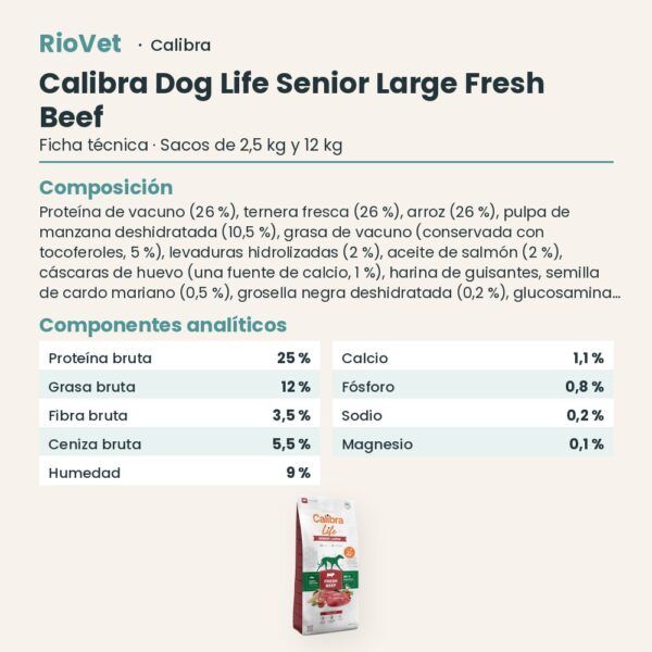Ficha técnica de Calibra Dog Life Senior Large Ternera Fresca Pienso para Perros Mayores de Raza Grande: composición y componentes analíticos