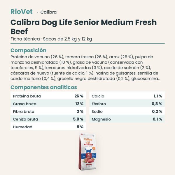 Ficha técnica de Calibra Dog Life Senior Medium Ternera Fresca Pienso para Perros Mayores de Raza Mediana: composición y componentes analíticos
