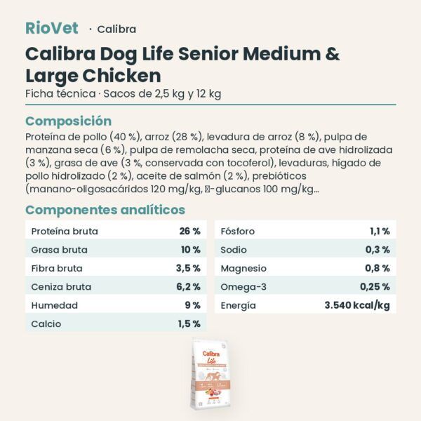 Ficha técnica de Calibra Dog Life Senior Medium & Large Pollo Pienso para Perros Mayores Medianos y Grandes: composición y componentes analíticos