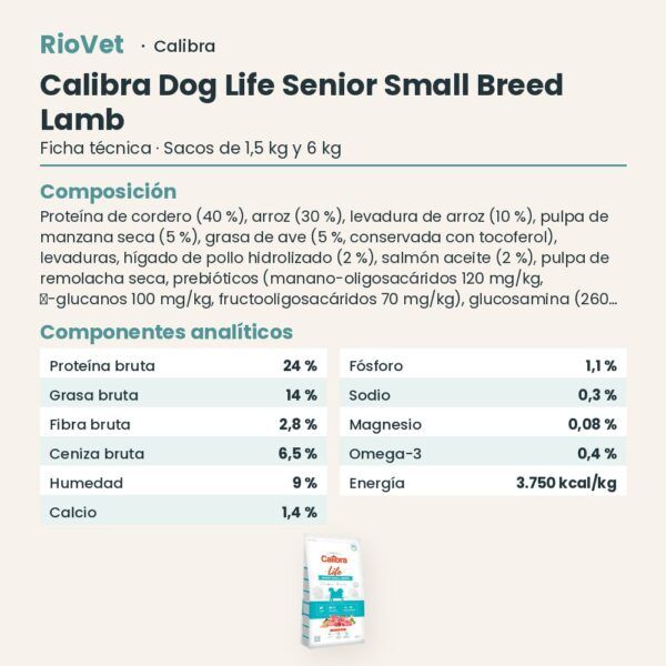Ficha técnica de Calibra Dog Life Senior Small Breed Cordero Pienso para Perros Mayores de Raza Pequeña: composición y componentes analíticos