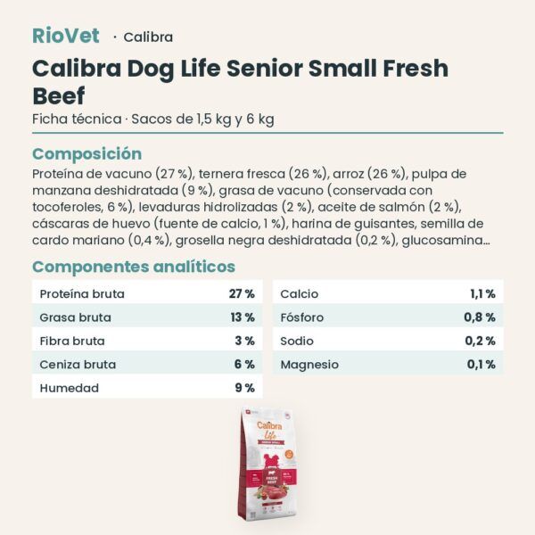 Ficha técnica de Calibra Dog Life Senior Small Ternera Fresca Pienso para Perros Mayores de Raza Pequeña: composición y componentes analíticos