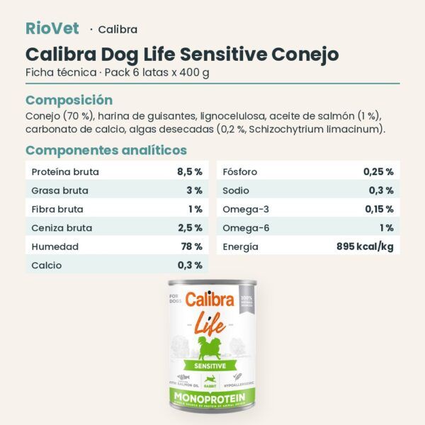 Ficha técnica de Calibra Dog Life Sensitive Conejo para Perros en Lata Pack 6x400 g: composición y componentes analíticos