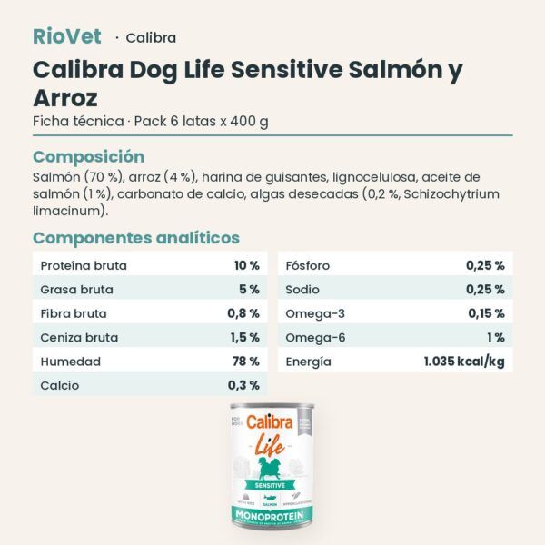 Ficha técnica de Calibra Dog Life Sensitive Salmón y Arroz para Perros en Lata Pack 6x400 g: composición y componentes analíticos