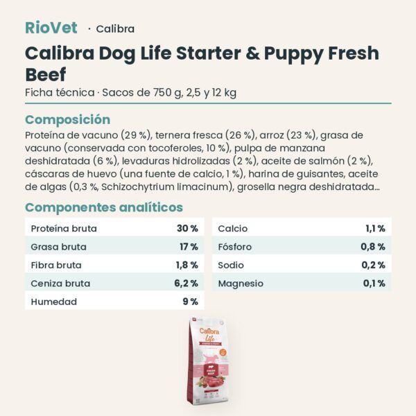 Ficha técnica de Calibra Dog Life Starter & Puppy Ternera Fresca Pienso para Cachorros: composición y componentes analíticos