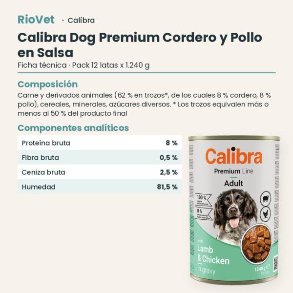 Ficha técnica de Calibra Dog Premium Cordero y Pollo en Salsa para Perros en Lata Pack 12x1.240 g: composición y componentes analíticos
