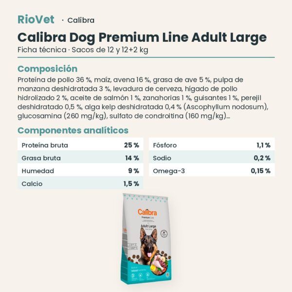Ficha técnica de Calibra Dog Premium Line Adult Large Pollo Pienso para Perros de Raza Grande: composición y componentes analíticos