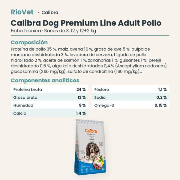 Ficha técnica de Calibra Dog Premium Line Adult Pollo Pienso para Perros: composición y componentes analíticos
