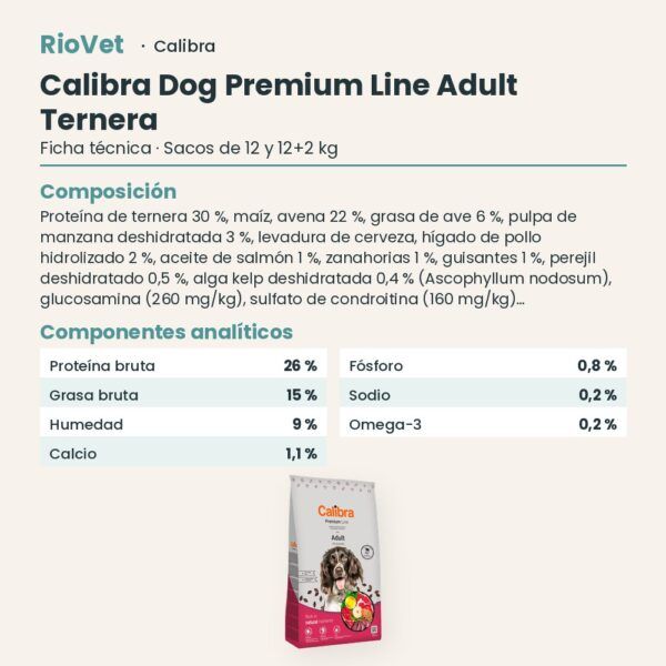 Ficha técnica de Calibra Dog Premium Line Adult Ternera Pienso para Perros: composición y componentes analíticos
