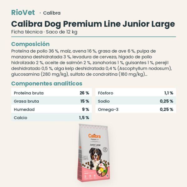 Ficha técnica de Calibra Dog Premium Line Junior Large Pollo Pienso para Cachorros 12 kg: composición y componentes analíticos