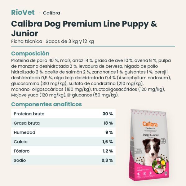 Ficha técnica de Calibra Dog Premium Line Puppy & Junior Pollo Pienso para Cachorros: composición y componentes analíticos