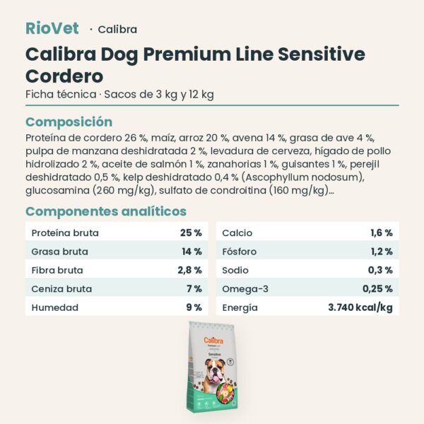 Ficha técnica de Calibra Dog Premium Line Sensitive Cordero Pienso para Perros: composición y componentes analíticos