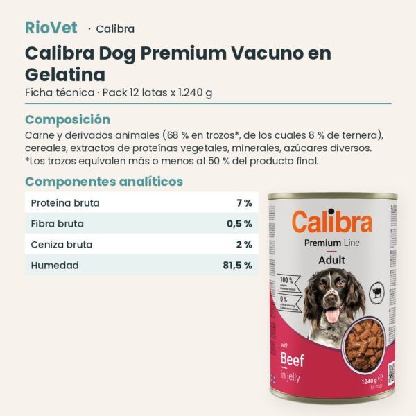 Ficha técnica de Calibra Dog Premium Vacuno en Gelatina para Perros en Lata Pack 12x1.240 g: composición y componentes analíticos