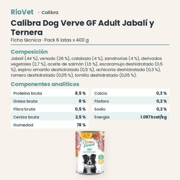Ficha técnica de Calibra Dog Verve Adult Jabalí y Ternera Sin Cereales para Perros en Lata Pack 6x400 g: composición y componentes analíticos