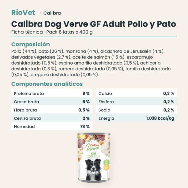 Ficha técnica de Calibra Dog Verve Adult Pollo y Pato Sin Cereales para Perros en Lata Pack 6x400 g: composición y componentes analíticos