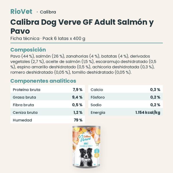 Ficha técnica de Calibra Dog Verve Adult Salmón y Pavo Sin Cereales para Perros en Lata Pack 6x400 g: composición y componentes analíticos