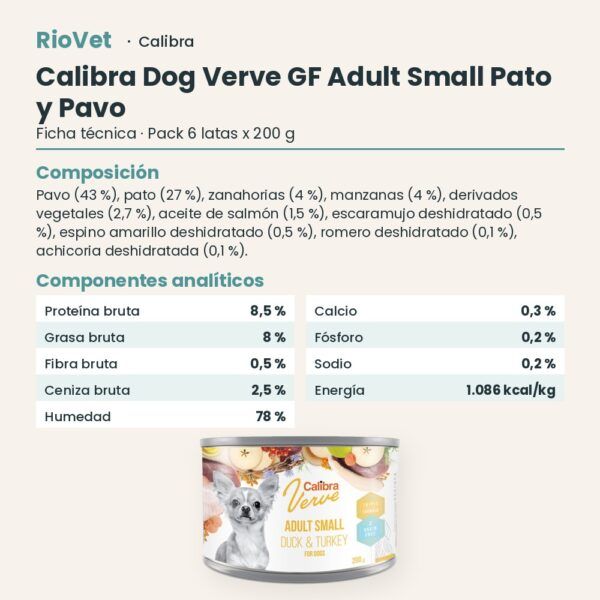 Ficha técnica de Calibra Dog Verve Adult Small Pato y Pavo Sin Cereales para Perros Pequeños en Lata Pack 6x200 g: composición y componentes analíticos