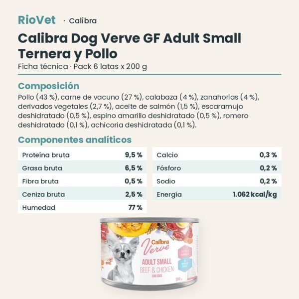 Ficha técnica de Calibra Dog Verve Adult Small Ternera y Pollo Sin Cereales para Perros Pequeños en Lata Pack 6x200 g: composición y componentes analíticos