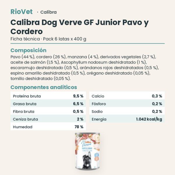 Ficha técnica de Calibra Dog Verve Junior Pavo y Cordero Sin Cereales para Cachorros en Lata Pack 6x400 g: composición y componentes analíticos