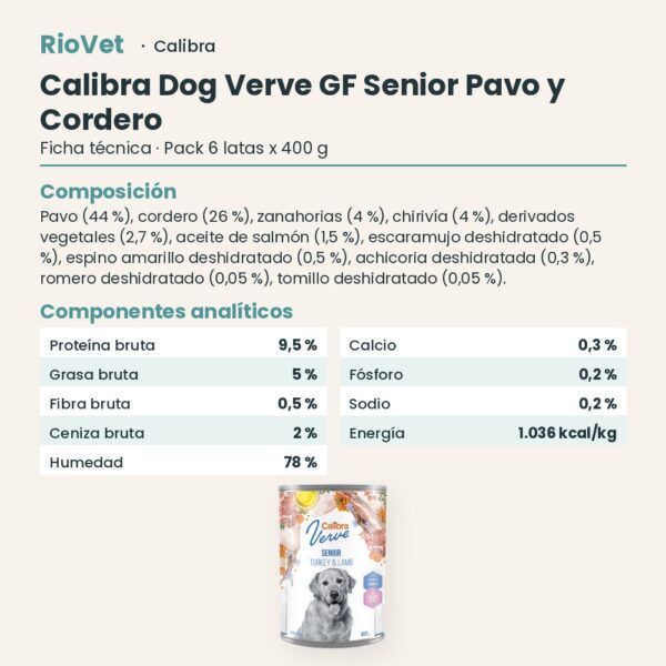Ficha técnica de Calibra Dog Verve Senior Pavo y Cordero Sin Cereales para Perros Senior en Lata Pack 6x400 g: composición y componentes analíticos