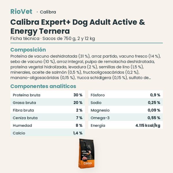 Ficha técnica de Calibra Expert+ Adult Active & Energy Pienso para Perros con Ternera: composición y componentes analíticos