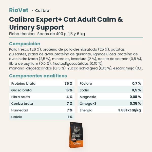 Ficha técnica de Calibra Expert+ Adult Calm & Urinary Support Pienso para Gatos con Pollo: composición y componentes analíticos