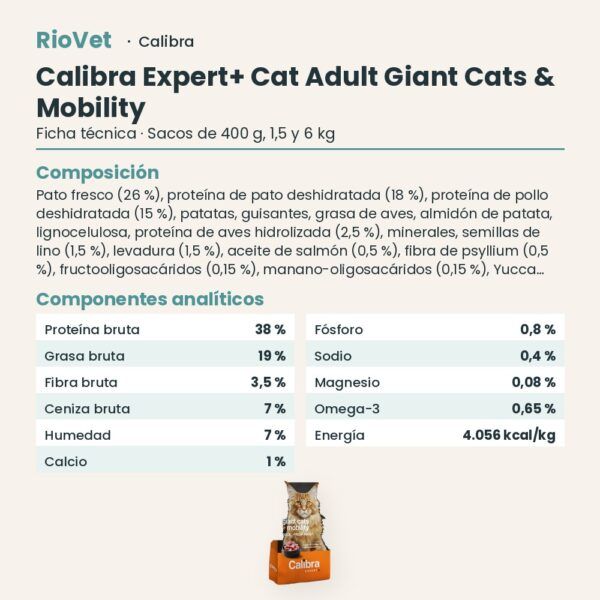 Ficha técnica de Calibra Expert+ Adult Giant Cats & Mobility Pienso para Gatos Grandes con Pato: composición y componentes analíticos