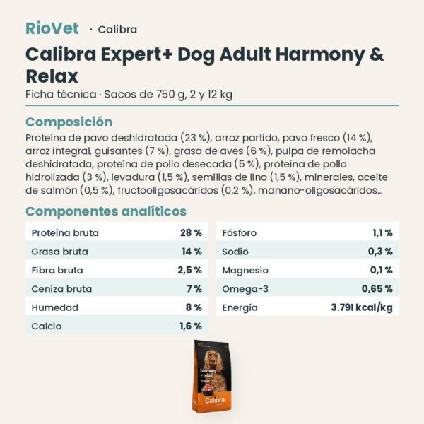 Ficha técnica de Calibra Expert+ Adult Harmony & Relax Pienso para Perros con Pavo: composición y componentes analíticos