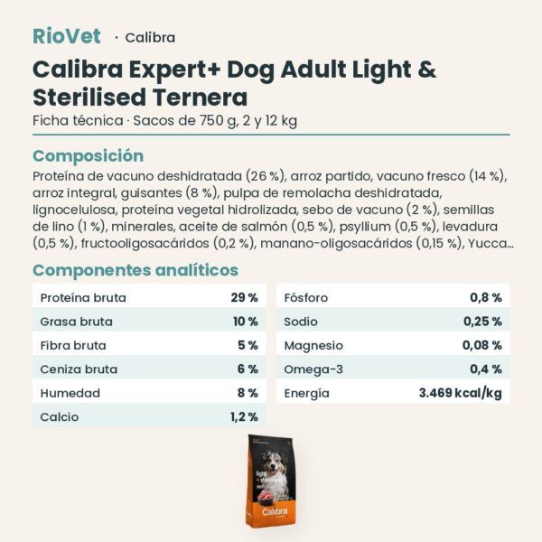 Ficha técnica de Calibra Expert+ Adult Light & Sterilised Pienso para Perros con Ternera: composición y componentes analíticos
