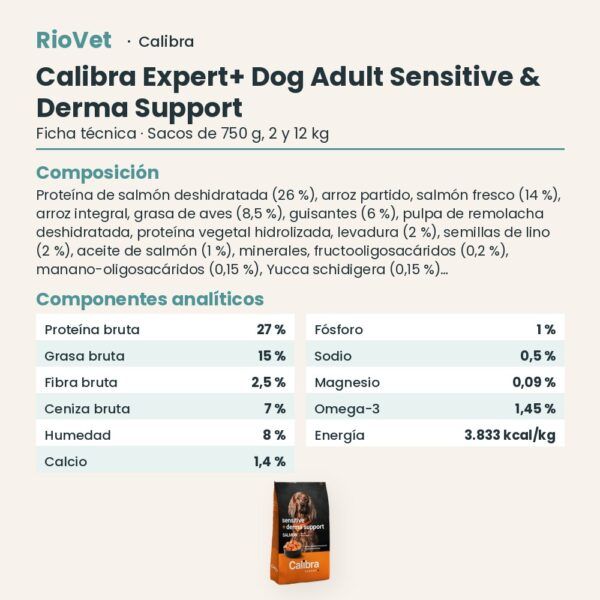 Ficha técnica de Calibra Expert+ Adult Sensitive & Derma Support Pienso para Perros con Salmón: composición y componentes analíticos