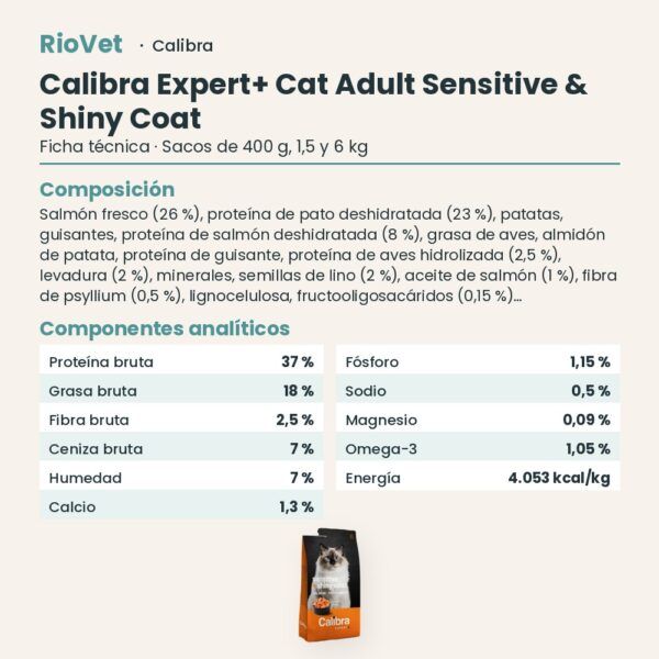 Ficha técnica de Calibra Expert+ Adult Sensitive & Shiny Coat Pienso para Gatos con Salmón: composición y componentes analíticos