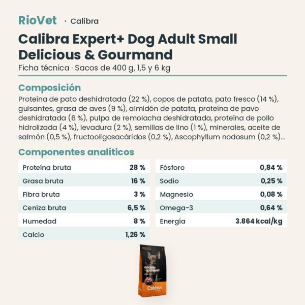 Ficha técnica de Calibra Expert+ Adult Small Delicious & Gourmand Pienso para Perros Pequeños con Pato: composición y componentes analíticos