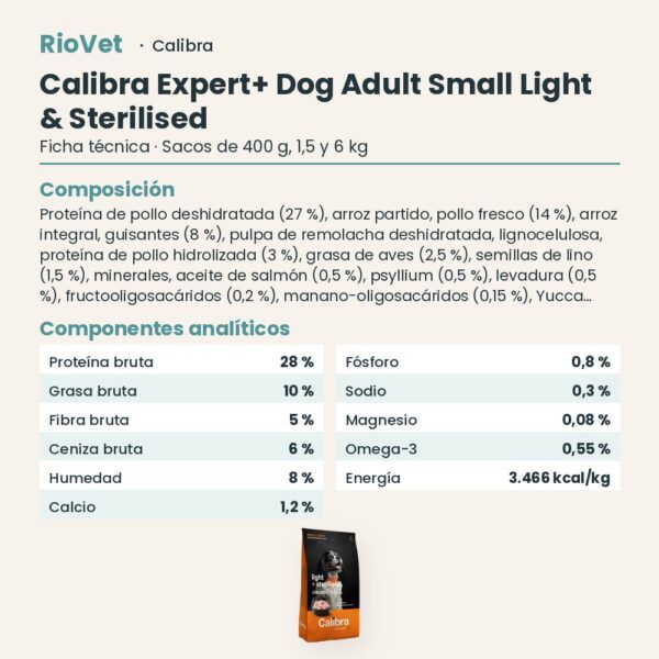 Ficha técnica de Calibra Expert+ Adult Small Light & Sterilised Pienso para Perros Pequeños con Pollo: composición y componentes analíticos