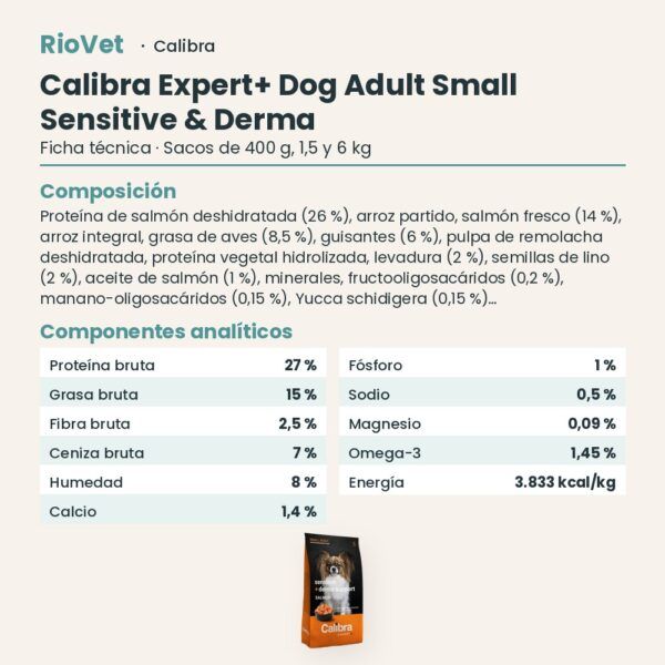 Ficha técnica de Calibra Expert+ Adult Small Sensitive & Derma Support Pienso para Perros Pequeños con Salmón: composición y componentes analíticos