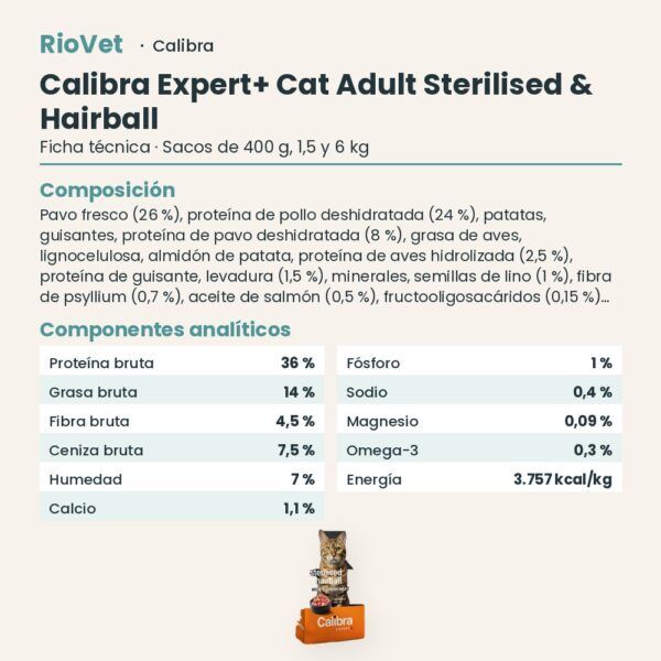 Ficha técnica de Calibra Expert+ Adult Sterilised & Hairball Pienso para Gatos Esterilizados con Pavo: composición y componentes analíticos