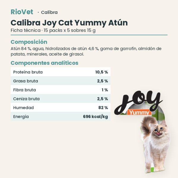 Ficha técnica de Calibra Joy Cat Yummy Atún Snack Cremoso para Gatos Caja 15x75 g: composición y componentes analíticos
