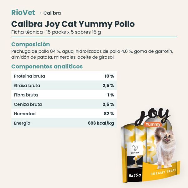 Ficha técnica de Calibra Joy Cat Yummy Pollo Snack Cremoso para Gatos Caja 15x75 g: composición y componentes analíticos