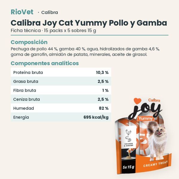 Ficha técnica de Calibra Joy Cat Yummy Pollo y Gamba Snack Cremoso para Gatos Caja 15x75 g: composición y componentes analíticos