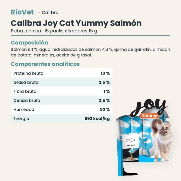 Ficha técnica de Calibra Joy Cat Yummy Salmón Snack Cremoso para Gatos Caja 15x75 g: composición y componentes analíticos
