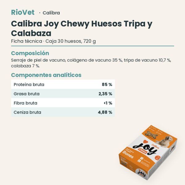 Ficha técnica de Calibra Joy Chewy Huesos de Tripa de Vacuno y Calabaza Snack Natural para Perros 30 uds 720 g: composición y componentes analíticos
