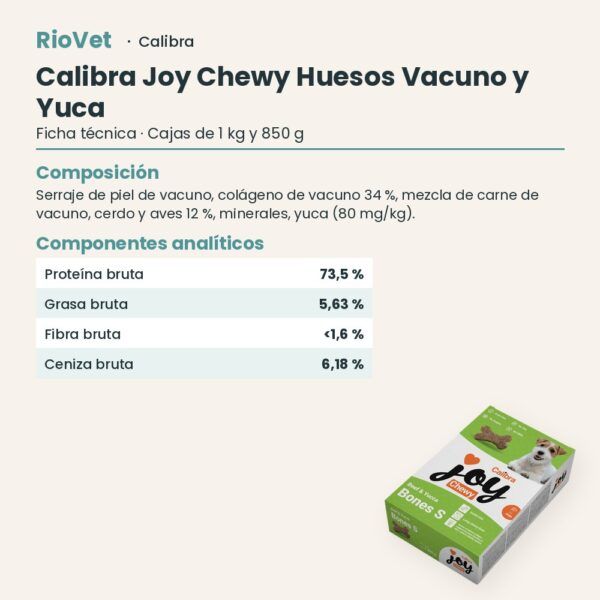 Ficha técnica de Calibra Joy Chewy Huesos de Vacuno y Yuca Snack Natural para Perros: composición y componentes analíticos